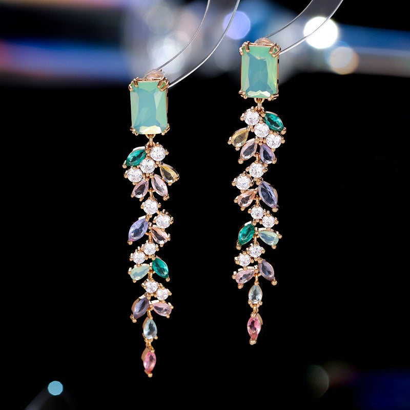 Zircon Inlaid Leaf Tassel Earrings